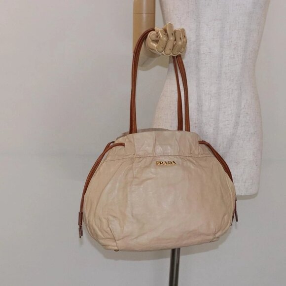 PRADA Tote Bag Leather Beige Gold Auth ep10389 - Picture 1 of 16